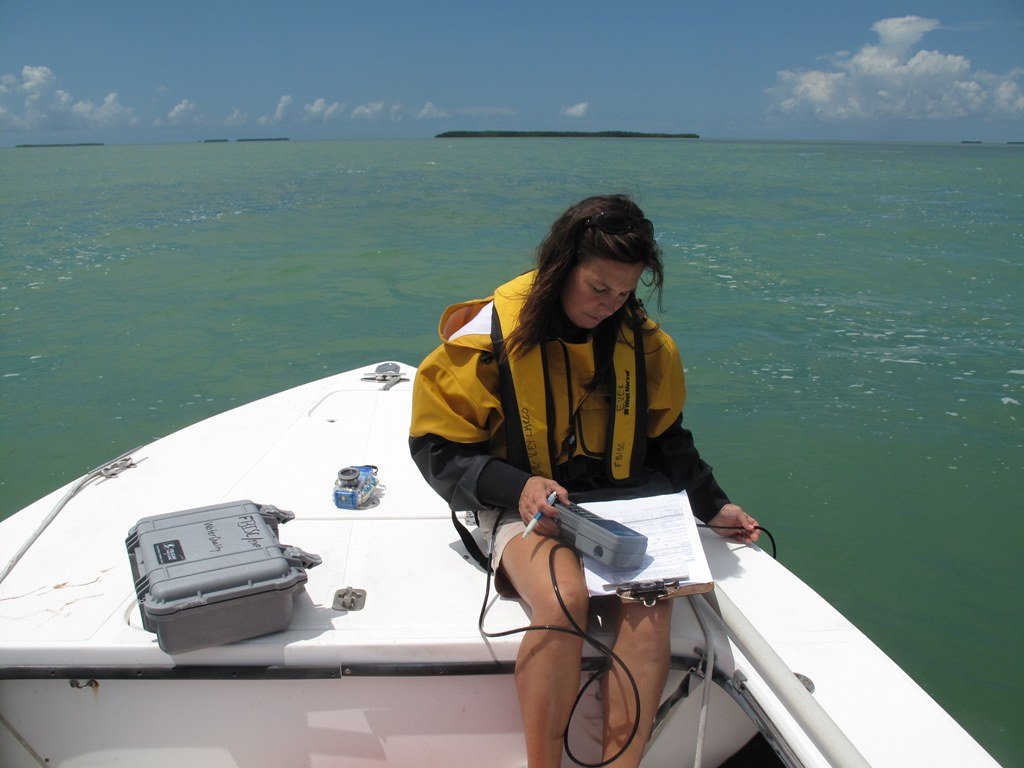 A field technician collects a water sample at an outdoor sampling location.