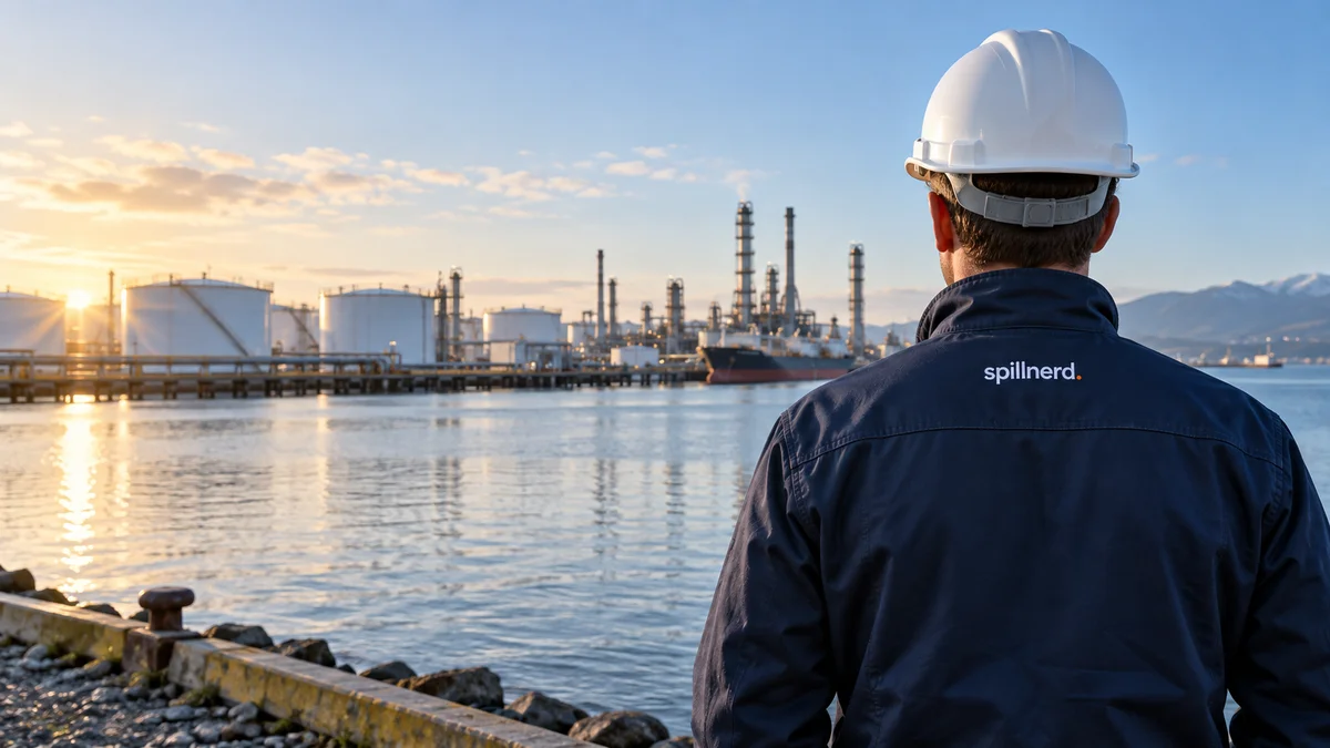 Environmental professional overlooking an industrial waterfront